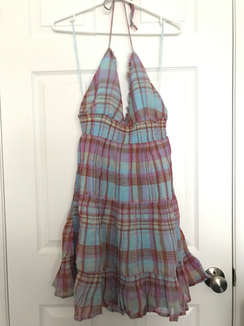 NWT Kimchi Blue Phoebe Cotton Open-Back Halter Knee Length Dress M Blue Purple